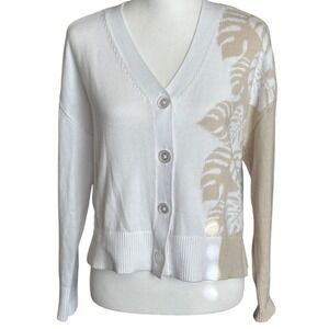 Talbots Petite Sweater Women's MP White Beige V Neck Cardigan Tropical Leaf